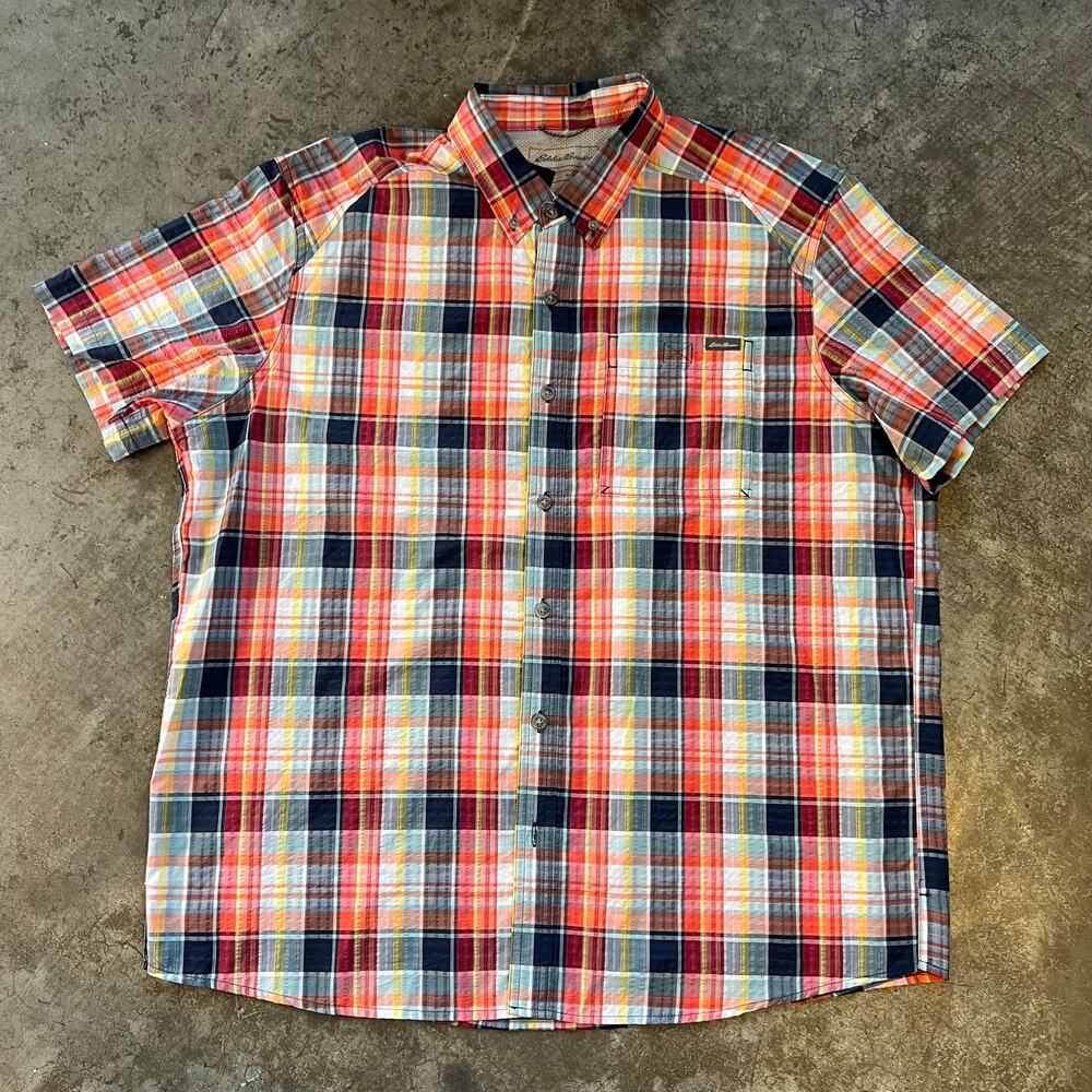 Eddie Bauer Pack It Tech Seersucker Shirt XL NWT Orange Plaid Gorpcore